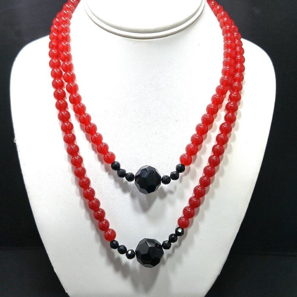 Red Black Glass Beaded Necklace, Two Strands, 18 Inches, Toggle Clasp On Wire